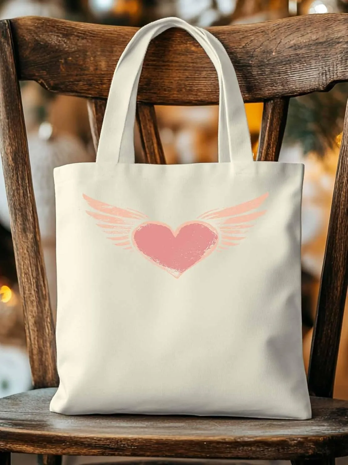 Canvas Tote Bag, Pink Heart Love Orange Wings patterned Canvas Tote Handbags for Women Shoulder Bag,