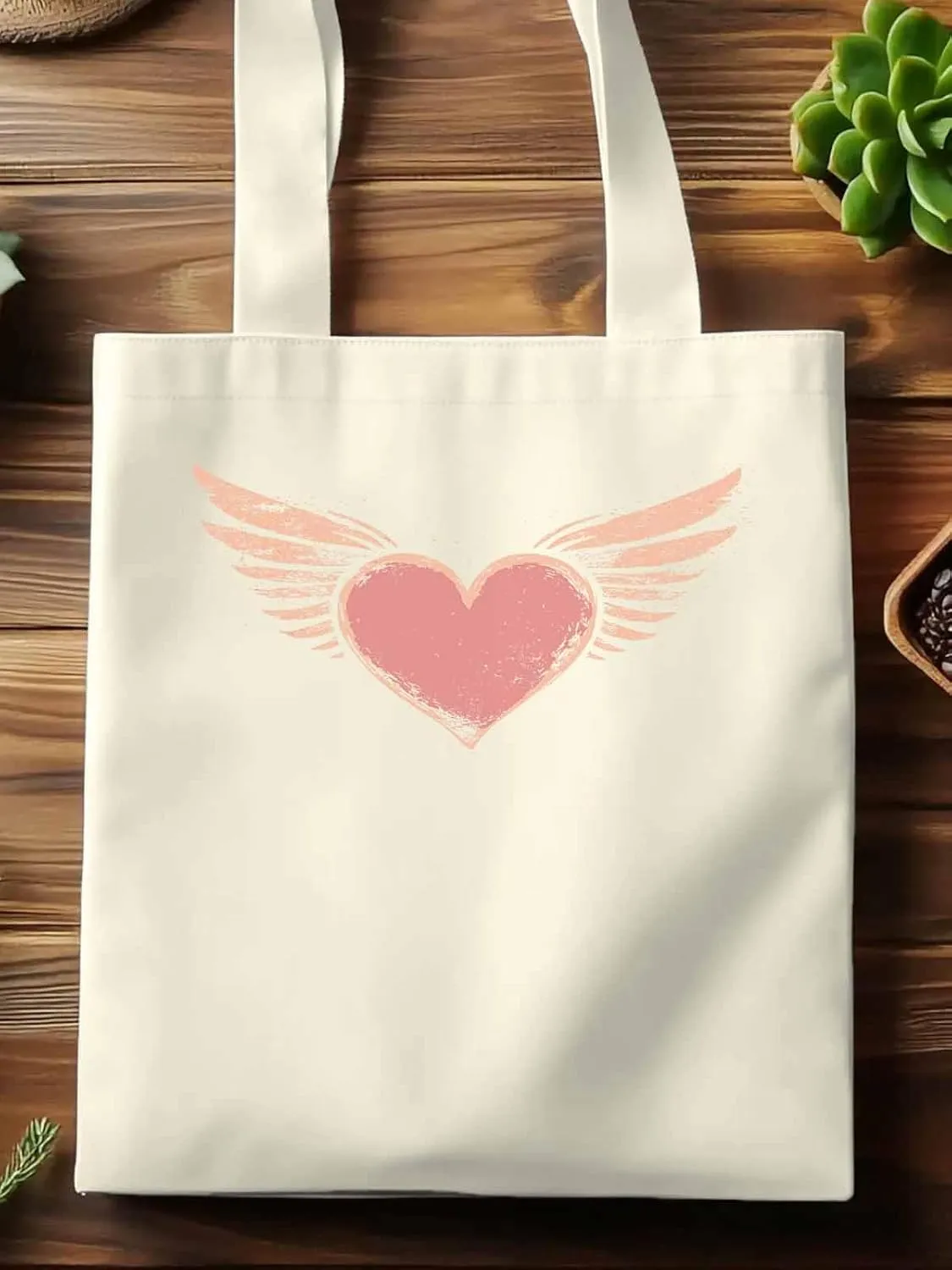 Canvas Tote Bag, Pink Heart Love Orange Wings patterned Canvas Tote Handbags for Women Shoulder Bag,