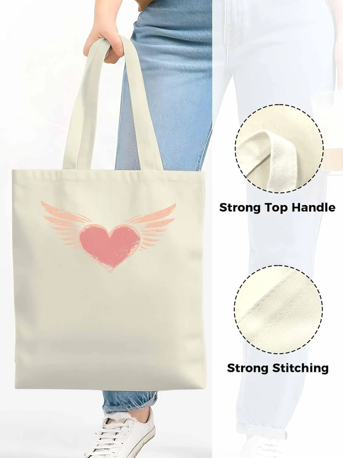 Canvas Tote Bag, Pink Heart Love Orange Wings patterned Canvas Tote Handbags for Women Shoulder Bag,