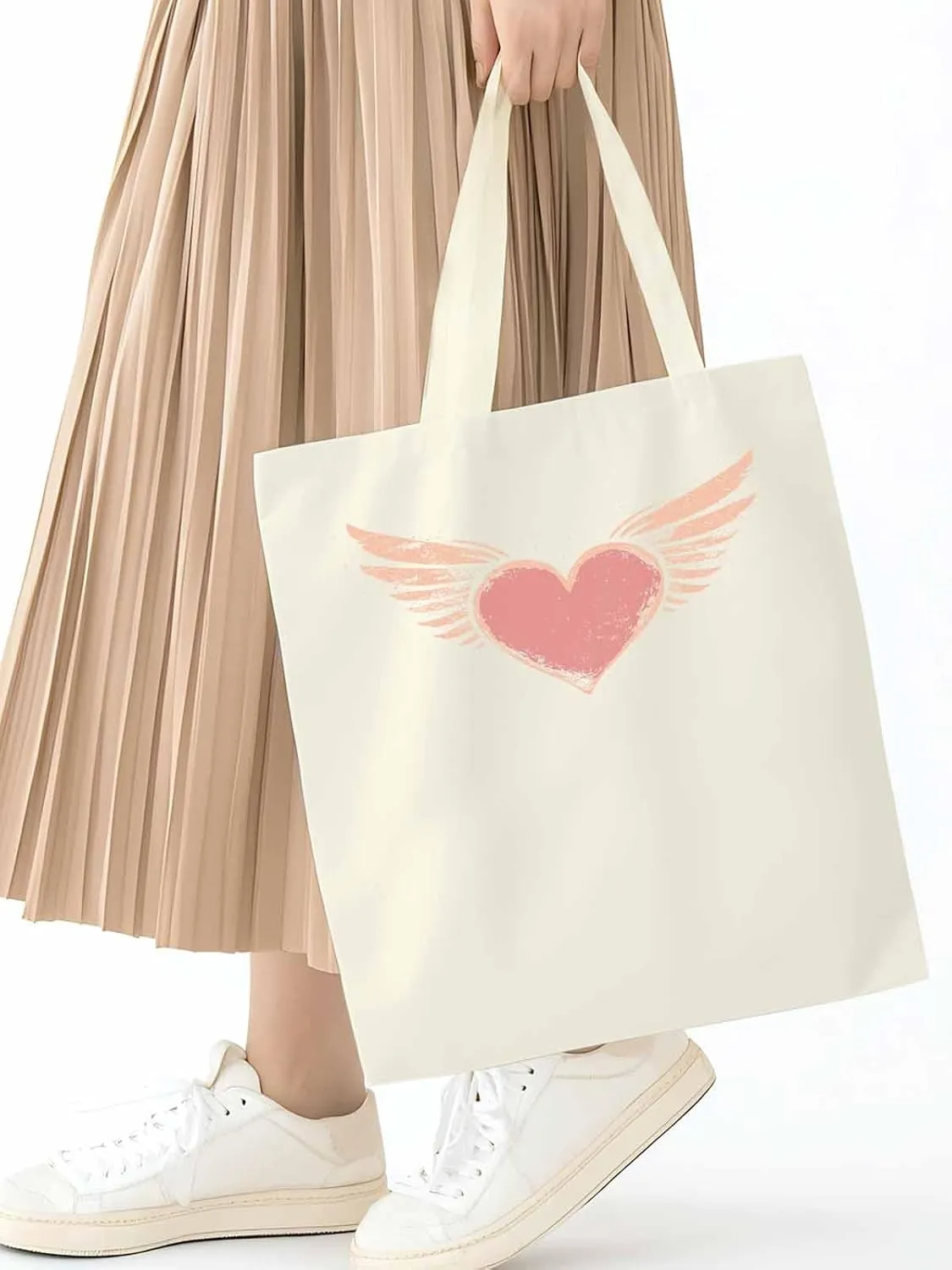 Canvas Tote Bag, Pink Heart Love Orange Wings patterned Canvas Tote Handbags for Women Shoulder Bag,