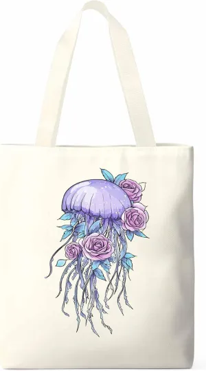 Canvas Tote Bag, Purple Jellyfish Pink Rose Floral patterned Canvas Tote Handbags for Women Shoulder Bag,