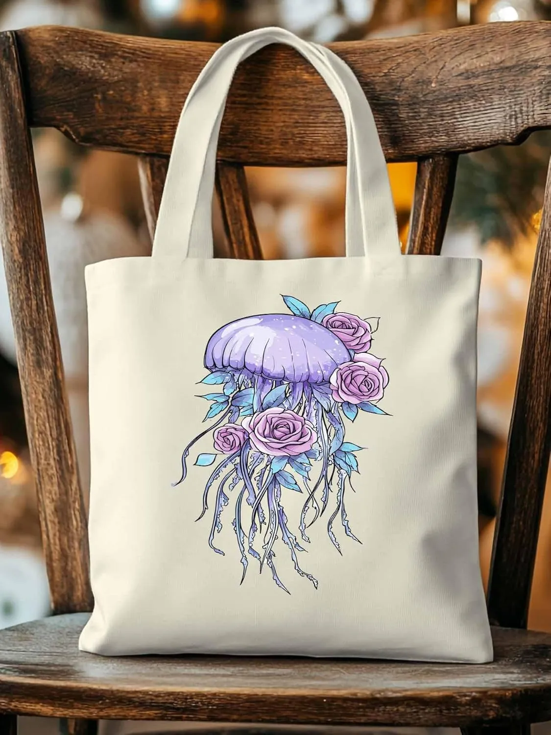Canvas Tote Bag, Purple Jellyfish Pink Rose Floral patterned Canvas Tote Handbags for Women Shoulder Bag,