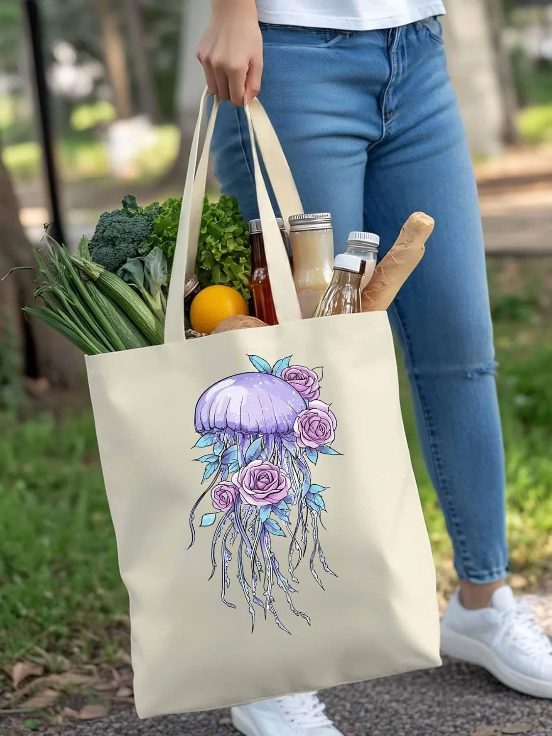 Canvas Tote Bag, Purple Jellyfish Pink Rose Floral patterned Canvas Tote Handbags for Women Shoulder Bag,