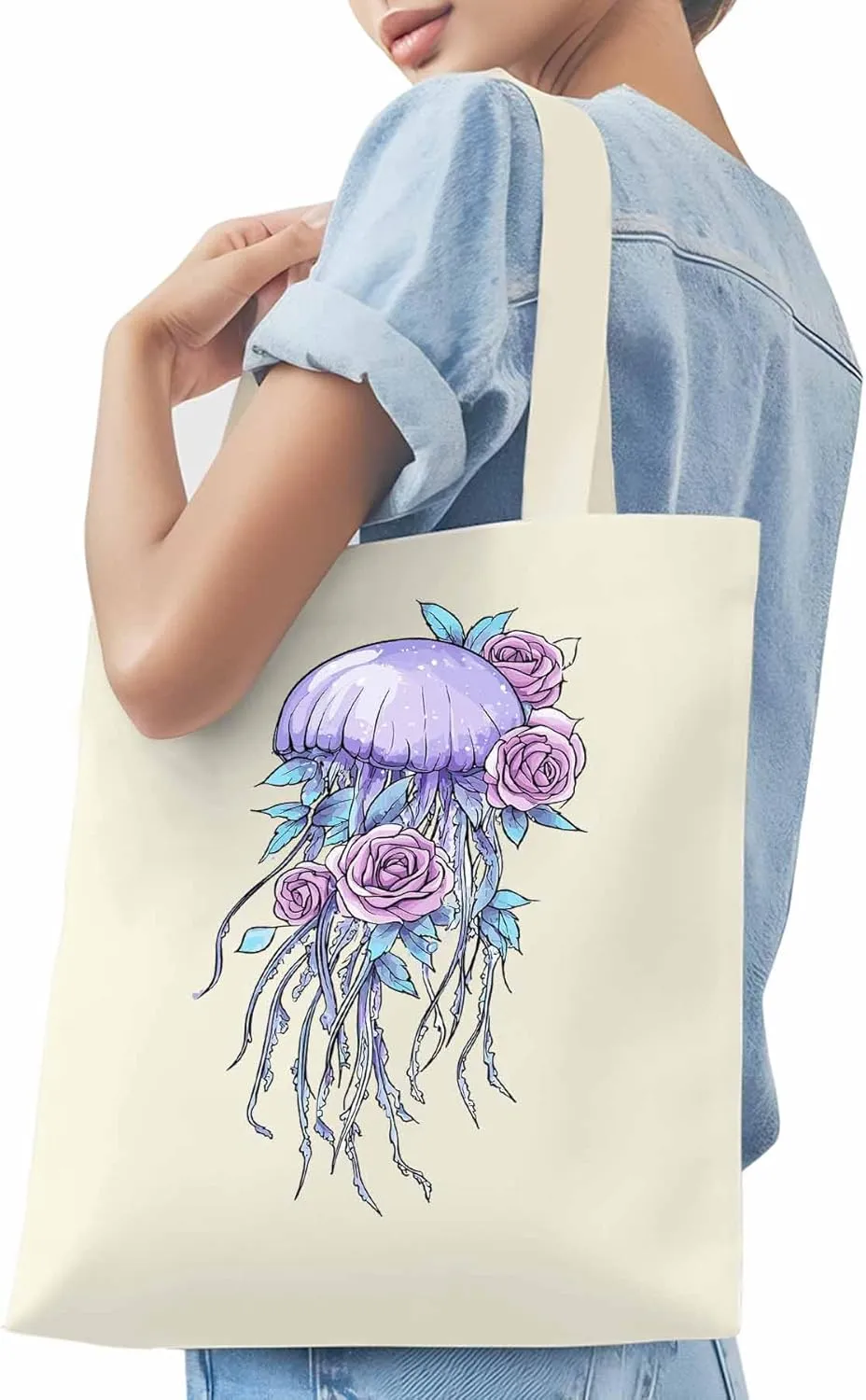Canvas Tote Bag, Purple Jellyfish Pink Rose Floral patterned Canvas Tote Handbags for Women Shoulder Bag,