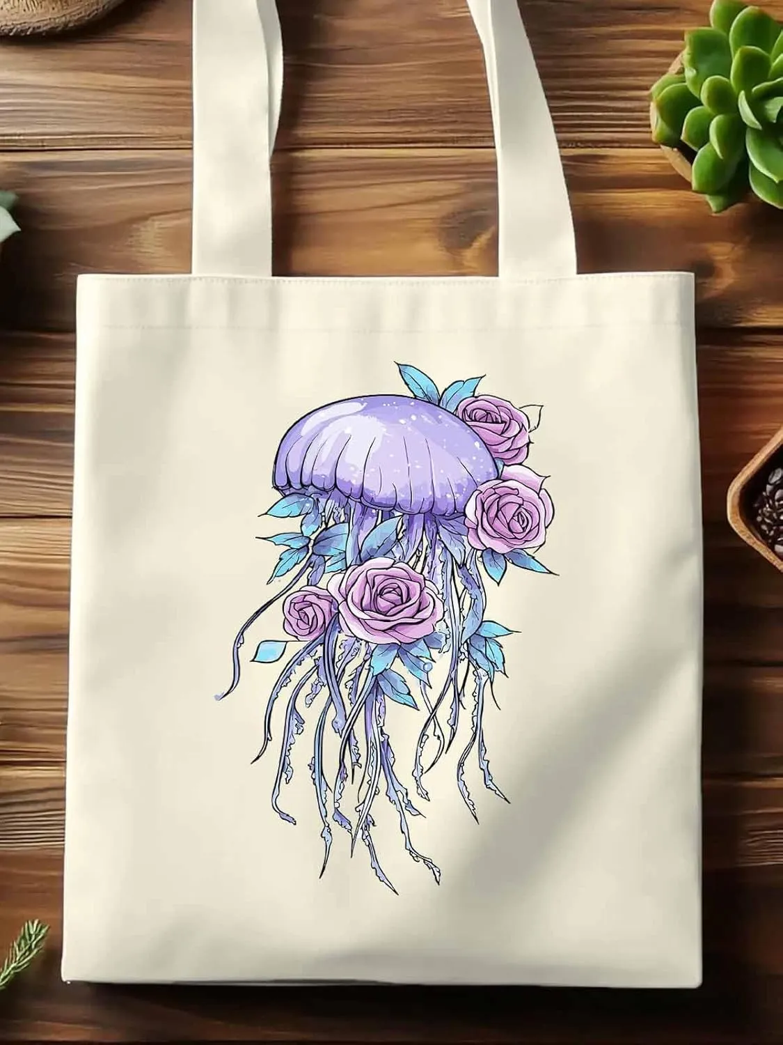 Canvas Tote Bag, Purple Jellyfish Pink Rose Floral patterned Canvas Tote Handbags for Women Shoulder Bag,