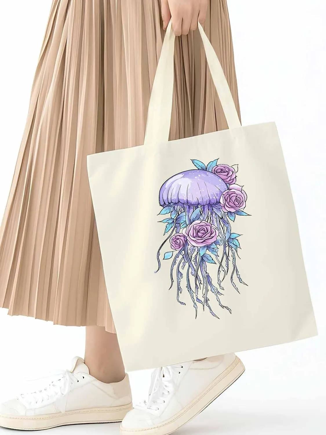 Canvas Tote Bag, Purple Jellyfish Pink Rose Floral patterned Canvas Tote Handbags for Women Shoulder Bag,