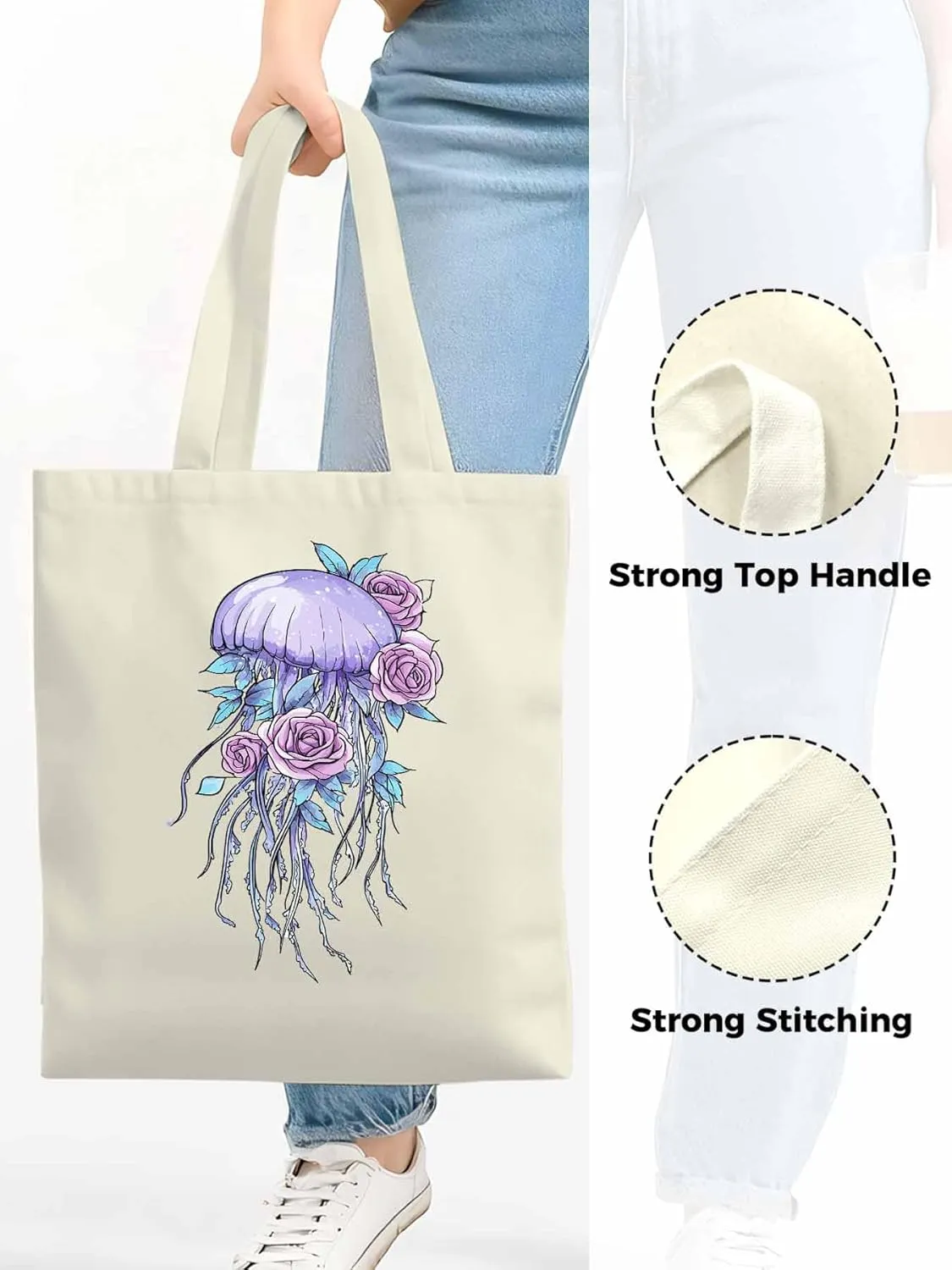 Canvas Tote Bag, Purple Jellyfish Pink Rose Floral patterned Canvas Tote Handbags for Women Shoulder Bag,