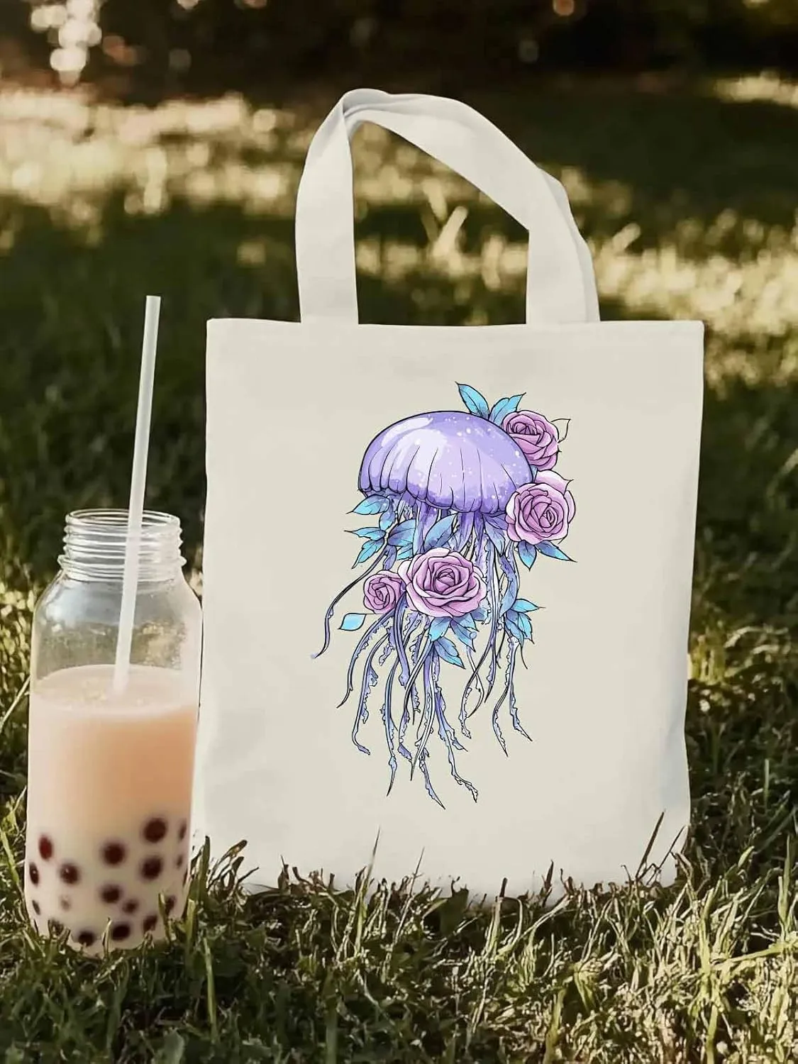 Canvas Tote Bag, Purple Jellyfish Pink Rose Floral patterned Canvas Tote Handbags for Women Shoulder Bag,