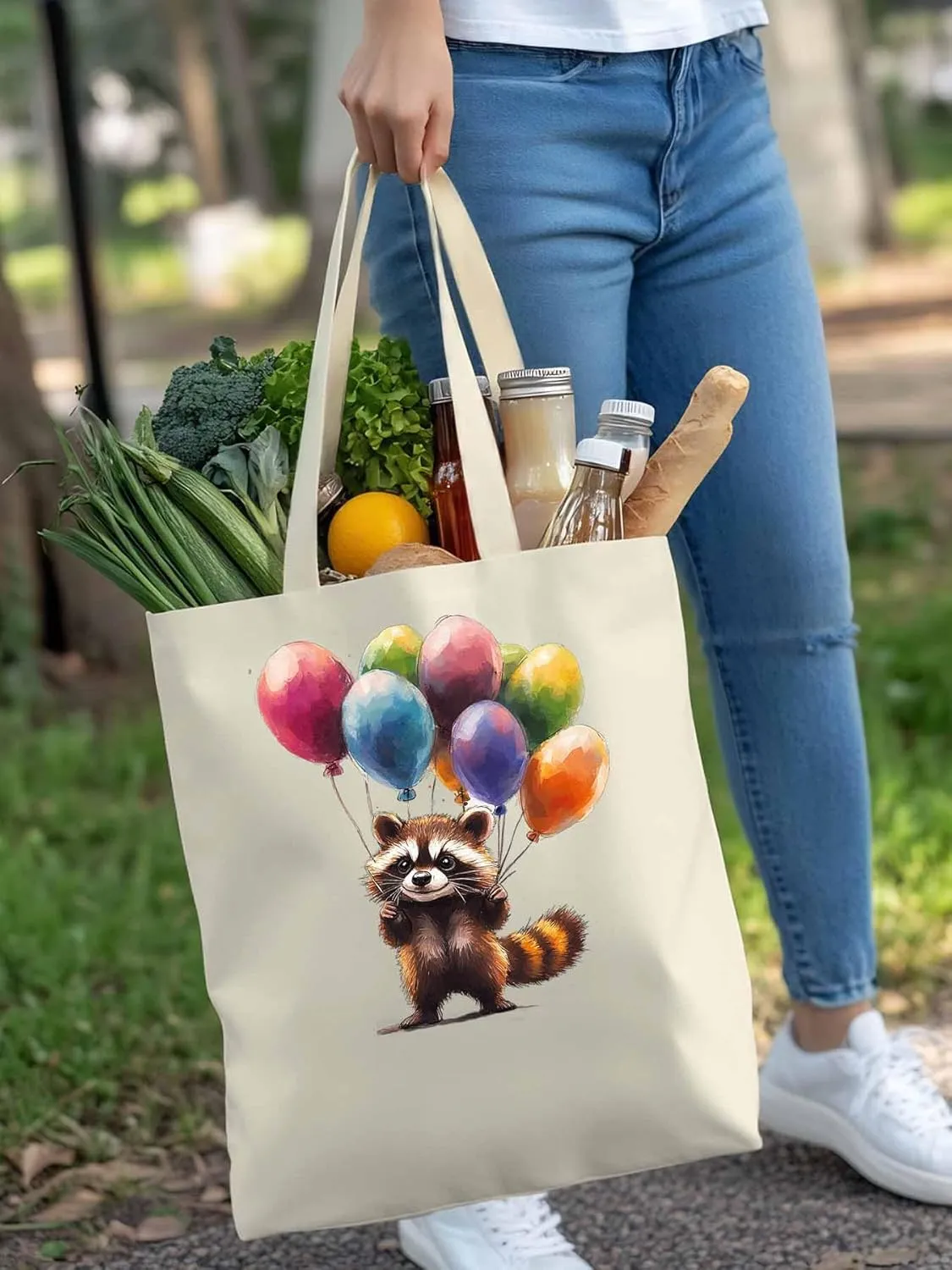 Canvas Tote Bag, Raccoon Balloon Colorful patterned Canvas Tote Handbags for Women Shoulder Bag,