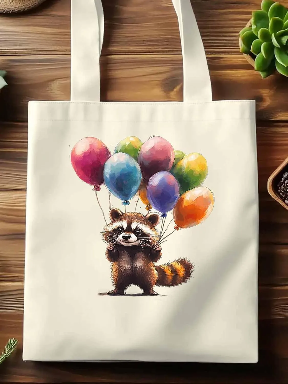 Canvas Tote Bag, Raccoon Balloon Colorful patterned Canvas Tote Handbags for Women Shoulder Bag,