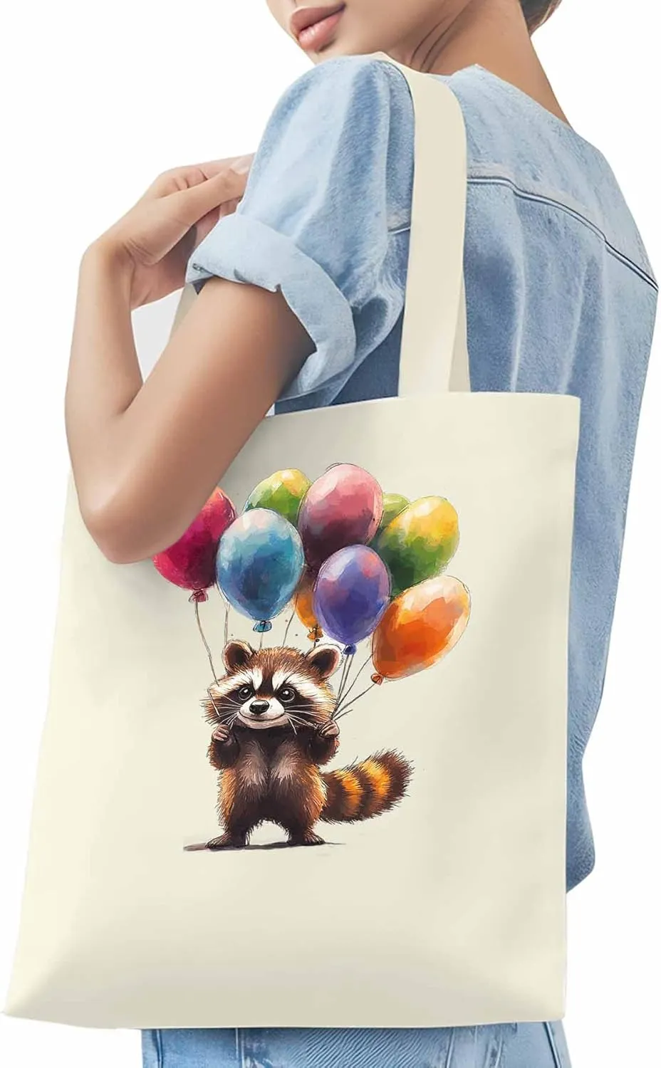 Canvas Tote Bag, Raccoon Balloon Colorful patterned Canvas Tote Handbags for Women Shoulder Bag,