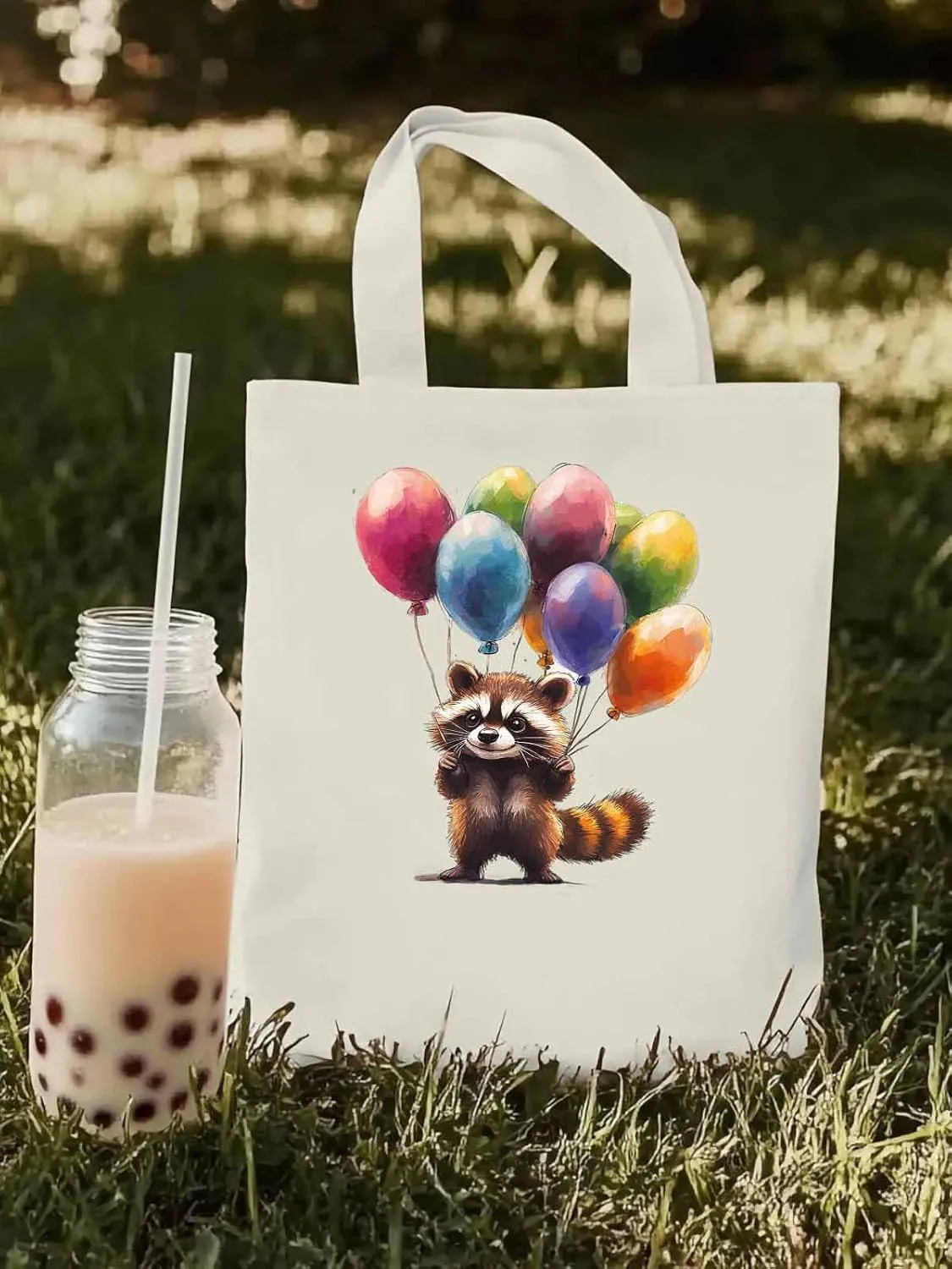 Canvas Tote Bag, Raccoon Balloon Colorful patterned Canvas Tote Handbags for Women Shoulder Bag,