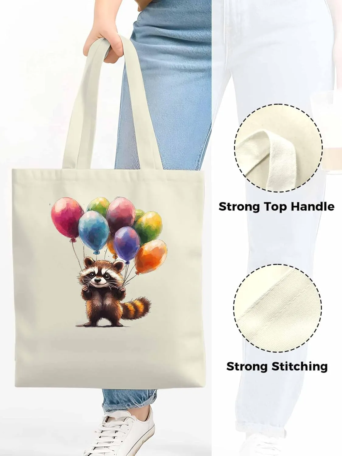 Canvas Tote Bag, Raccoon Balloon Colorful patterned Canvas Tote Handbags for Women Shoulder Bag,