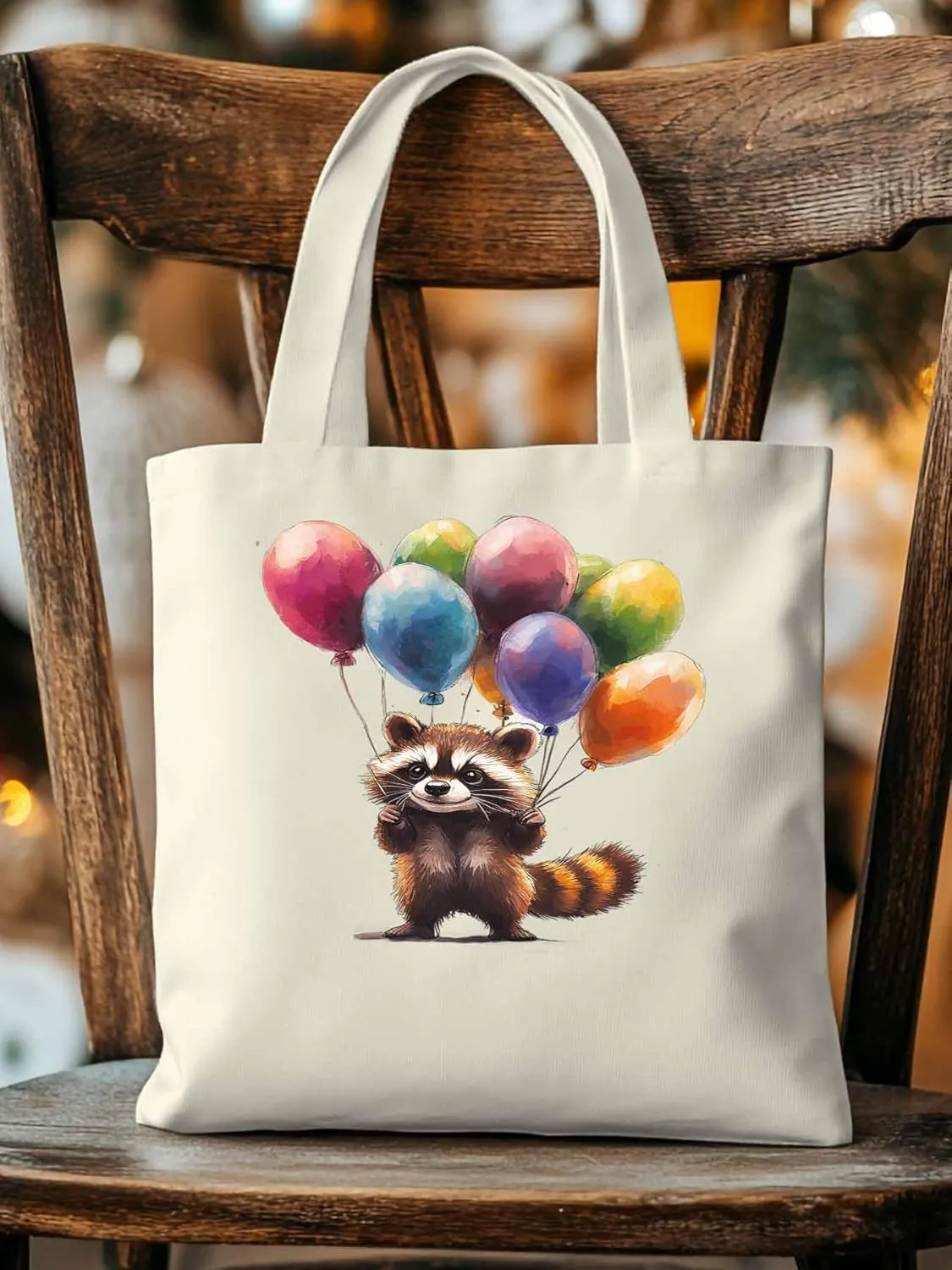 Canvas Tote Bag, Raccoon Balloon Colorful patterned Canvas Tote Handbags for Women Shoulder Bag,