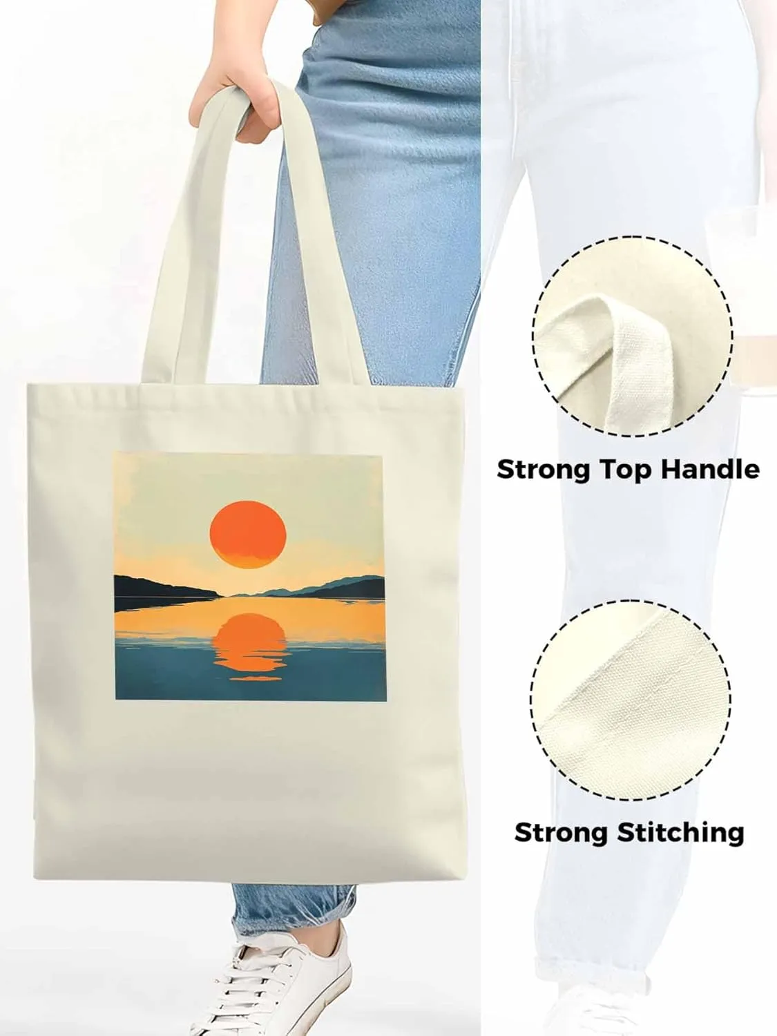 Canvas Tote Bag, Retro Sea Sun Print patterned Canvas Tote Handbags for Women Shoulder Bag,
