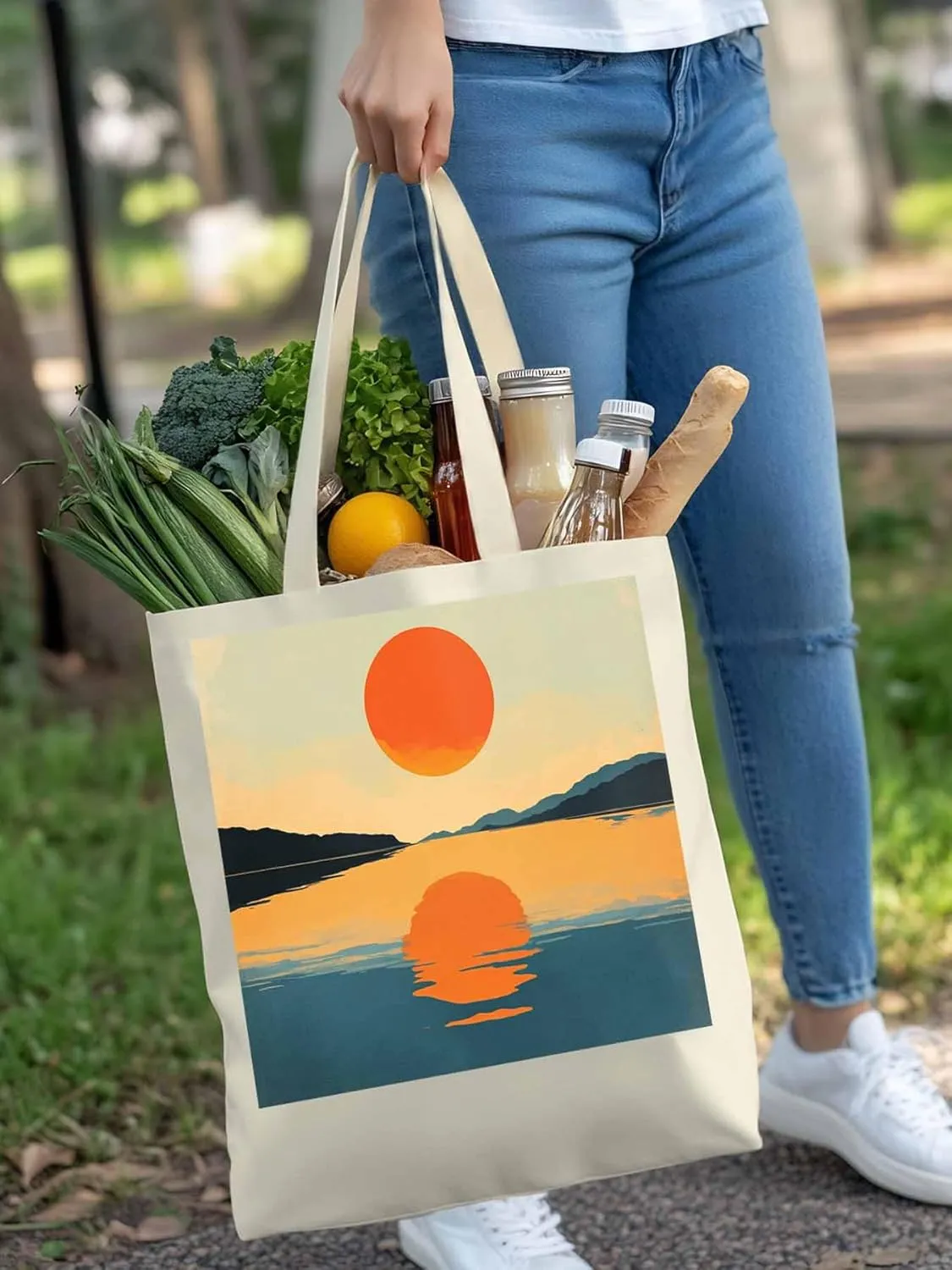 Canvas Tote Bag, Retro Sea Sun Print patterned Canvas Tote Handbags for Women Shoulder Bag,
