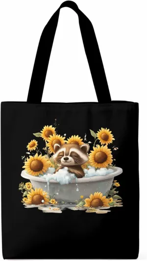Canvas Tote Bag, Shower Raccoon Sunflower patterned Canvas Tote Handbags for Women Shoulder Bag,
