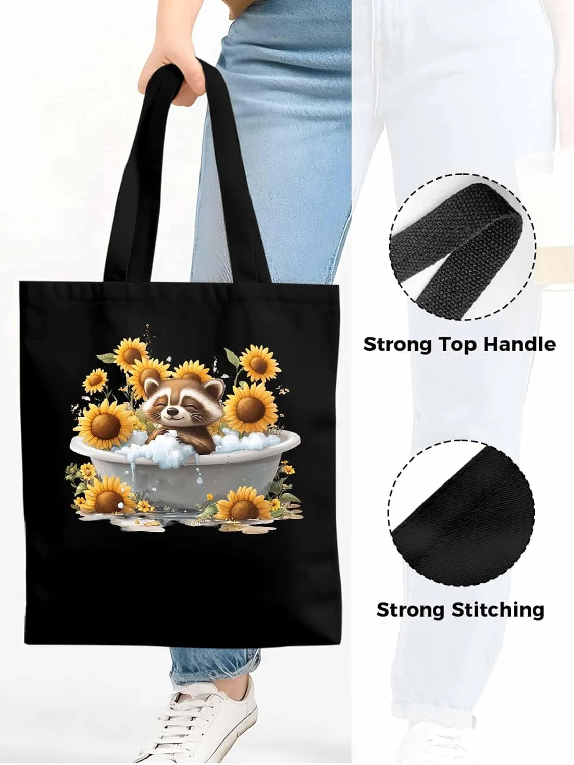Canvas Tote Bag, Shower Raccoon Sunflower patterned Canvas Tote Handbags for Women Shoulder Bag,