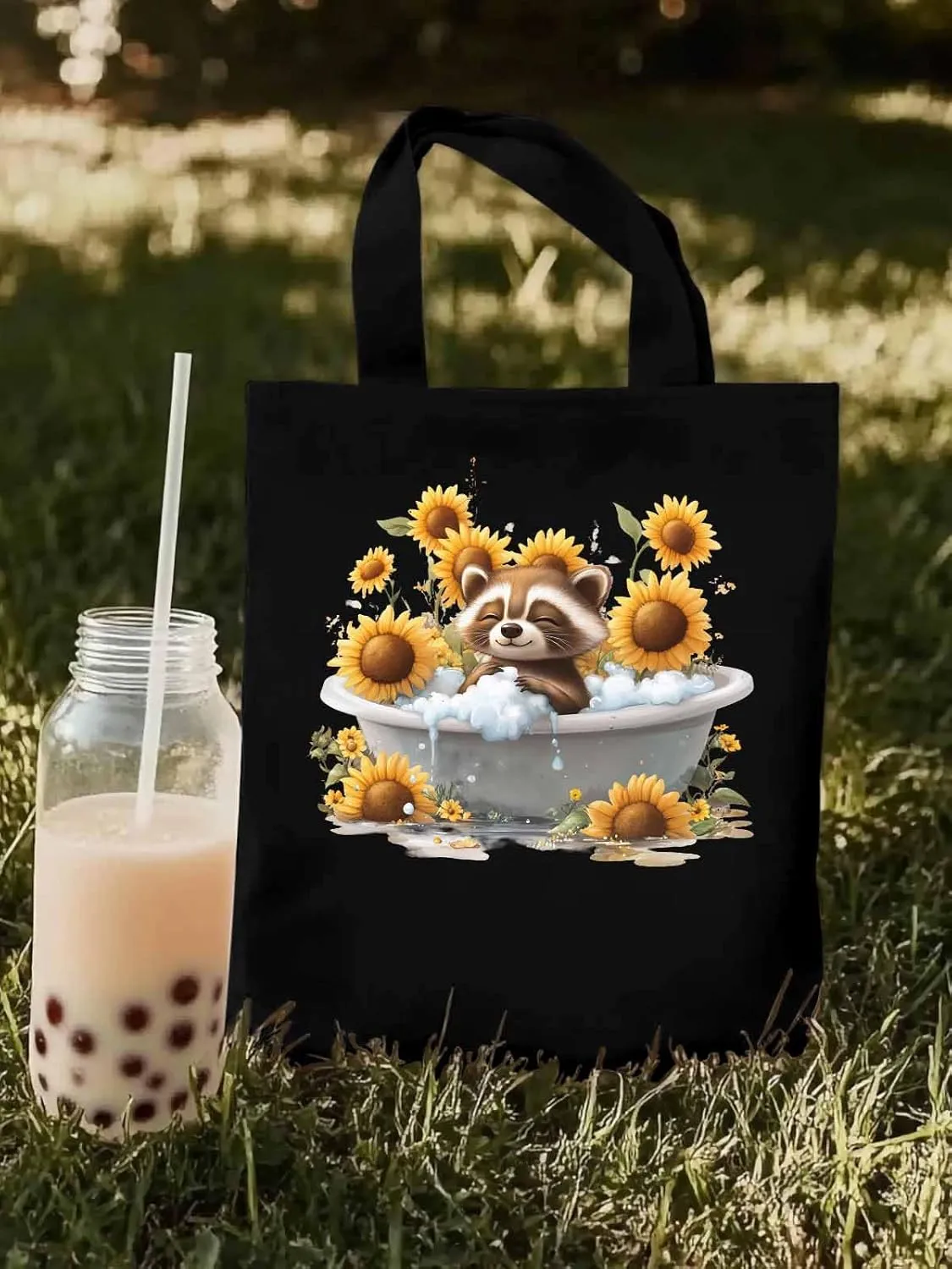 Canvas Tote Bag, Shower Raccoon Sunflower patterned Canvas Tote Handbags for Women Shoulder Bag,