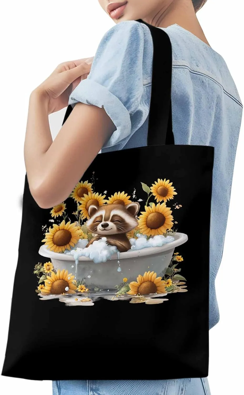 Canvas Tote Bag, Shower Raccoon Sunflower patterned Canvas Tote Handbags for Women Shoulder Bag,