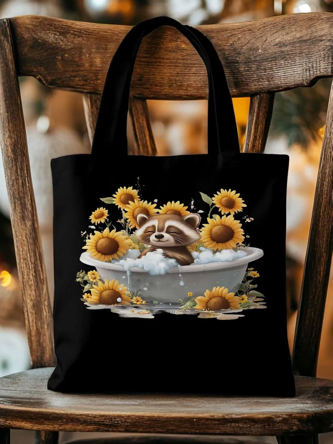 Canvas Tote Bag, Shower Raccoon Sunflower patterned Canvas Tote Handbags for Women Shoulder Bag,
