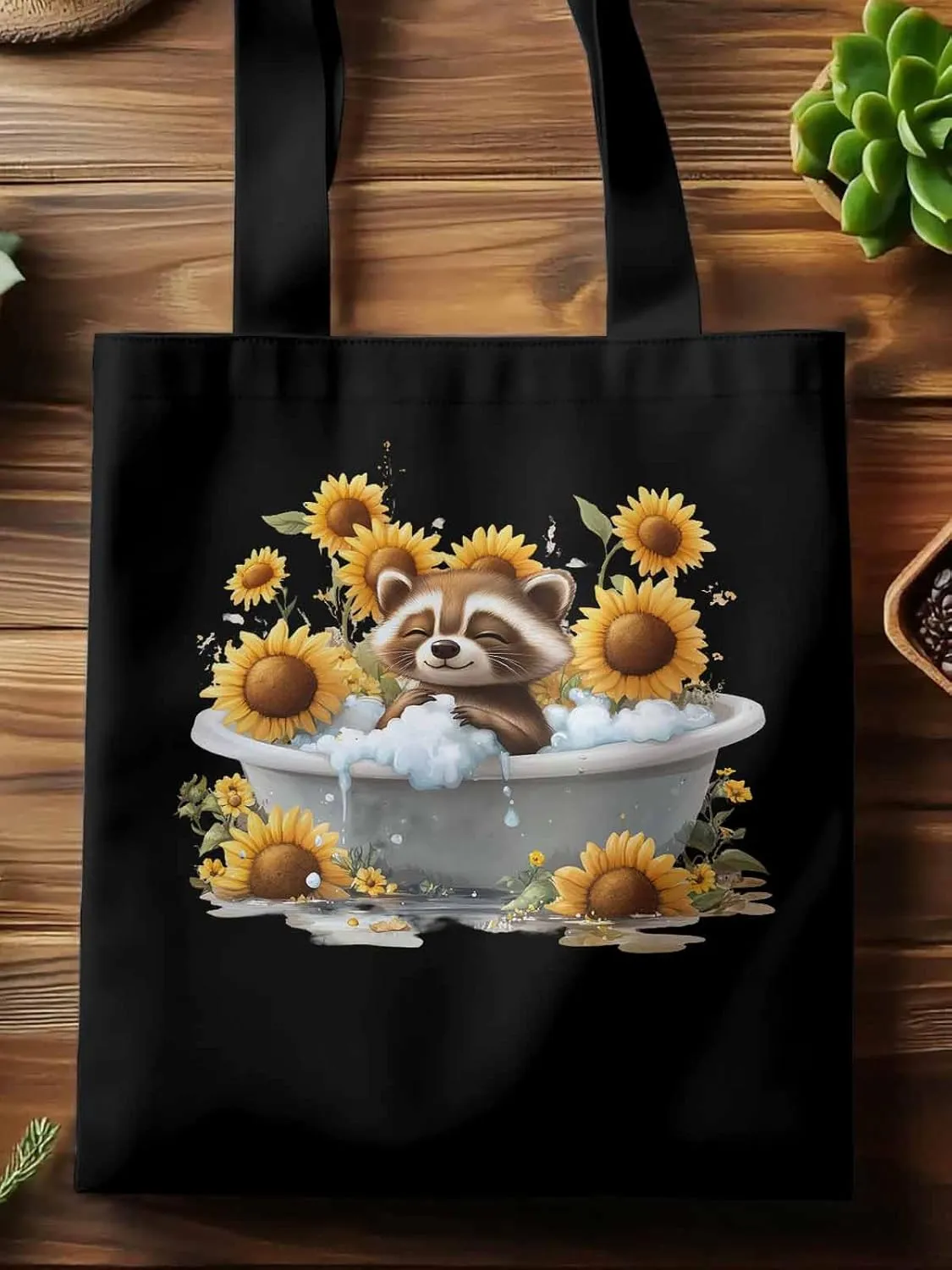 Canvas Tote Bag, Shower Raccoon Sunflower patterned Canvas Tote Handbags for Women Shoulder Bag,