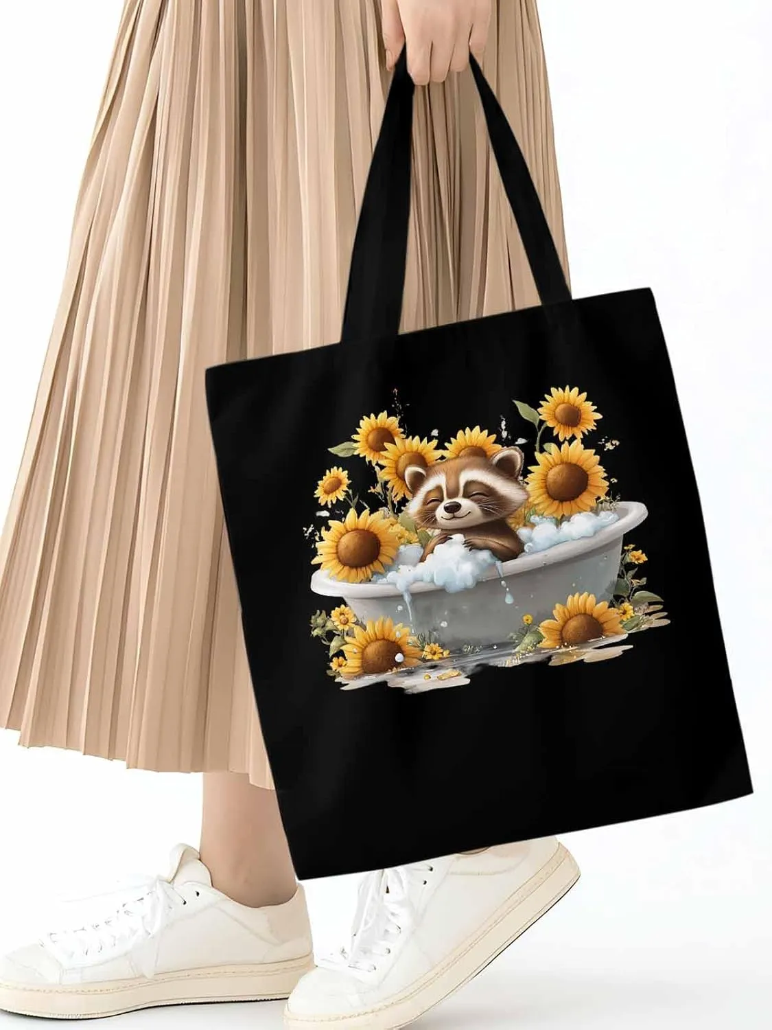 Canvas Tote Bag, Shower Raccoon Sunflower patterned Canvas Tote Handbags for Women Shoulder Bag,
