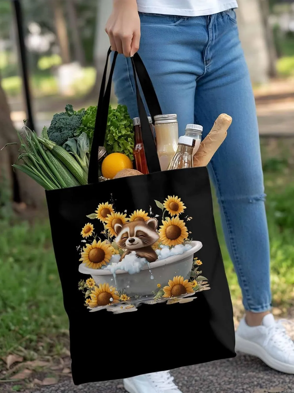 Canvas Tote Bag, Shower Raccoon Sunflower patterned Canvas Tote Handbags for Women Shoulder Bag,