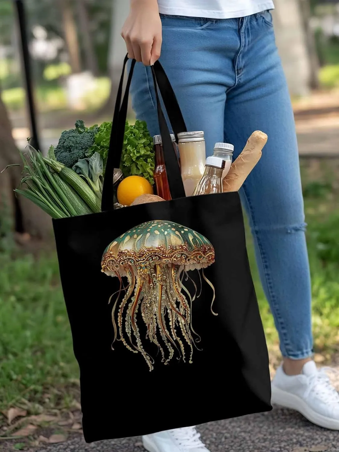 Canvas Tote Bag, Vintage Jellyfish Print patterned Canvas Tote Handbags for Women Shoulder Bag,