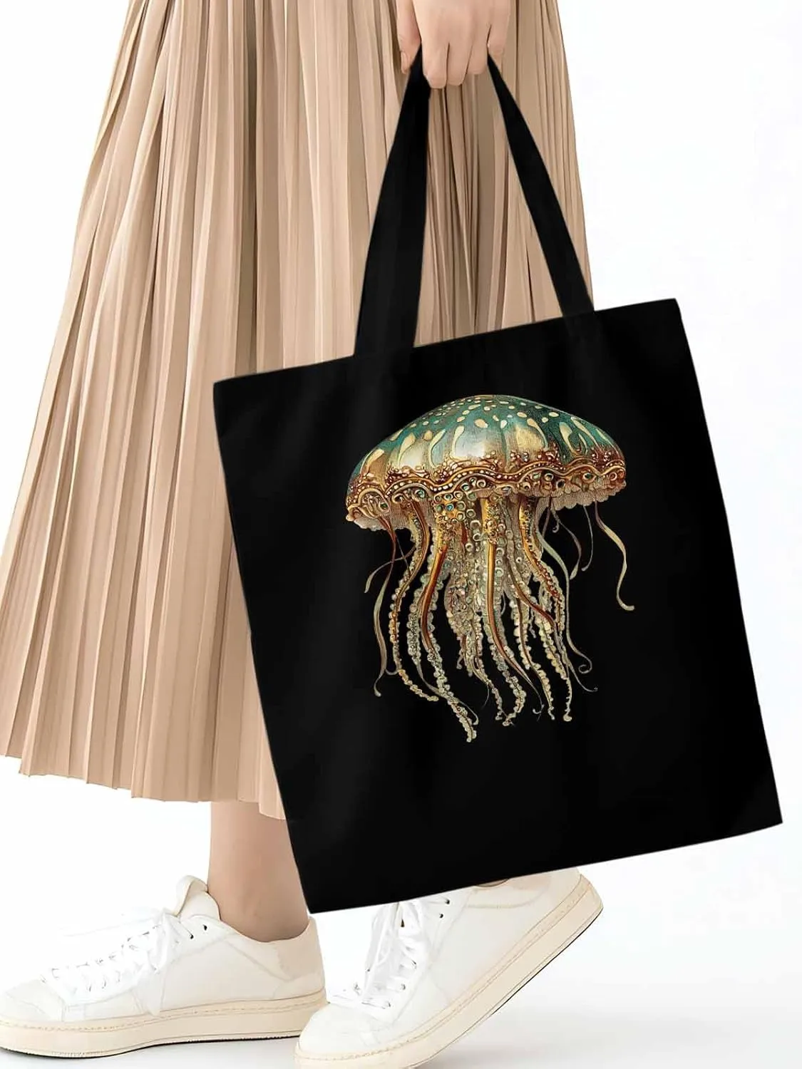 Canvas Tote Bag, Vintage Jellyfish Print patterned Canvas Tote Handbags for Women Shoulder Bag,