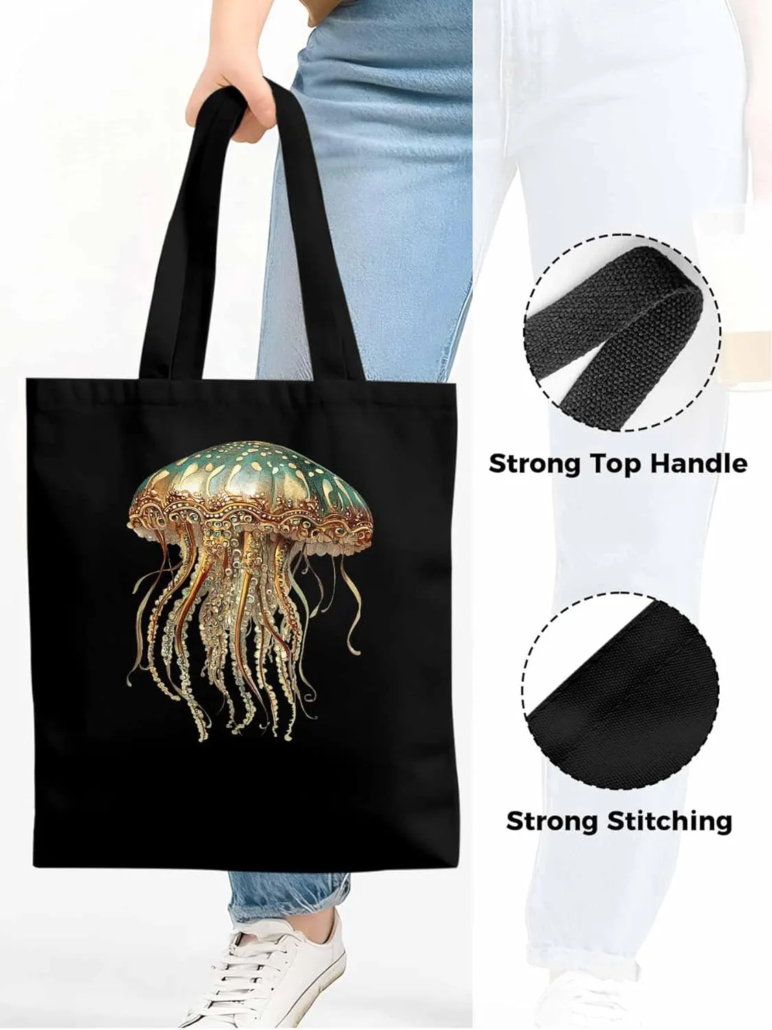 Canvas Tote Bag, Vintage Jellyfish Print patterned Canvas Tote Handbags for Women Shoulder Bag,