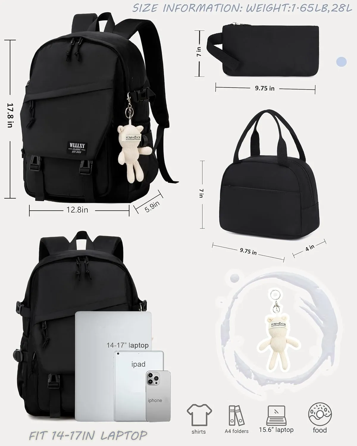 Caoroky knight College Laptop Backpack for Men Women 3 PCS Set Bookbag School Backpacks with Lunch Bag Pencil Case Anti Theft Travel Backpack Rucksack-Large,Black