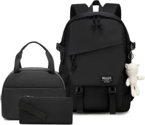 Caoroky knight College Laptop Backpack for Men Women 3 PCS Set Bookbag School Backpacks with Lunch Bag Pencil Case Anti Theft Travel Backpack Rucksack-Large,Black