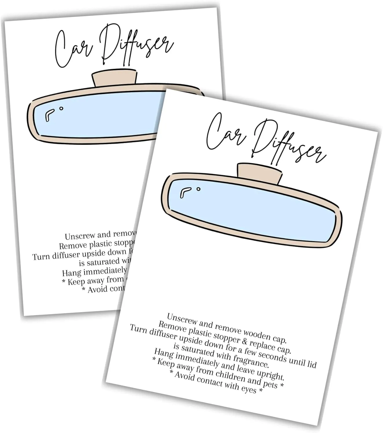 Car Oil Diffuser Package Bag Insert Care Instruction Cards | 50 pk 5x7” Minimalist Simple White fits in 6x9” for Holographic Bags Warning Inserts Cardstock Reed Bullet Wooden Top Product Client
