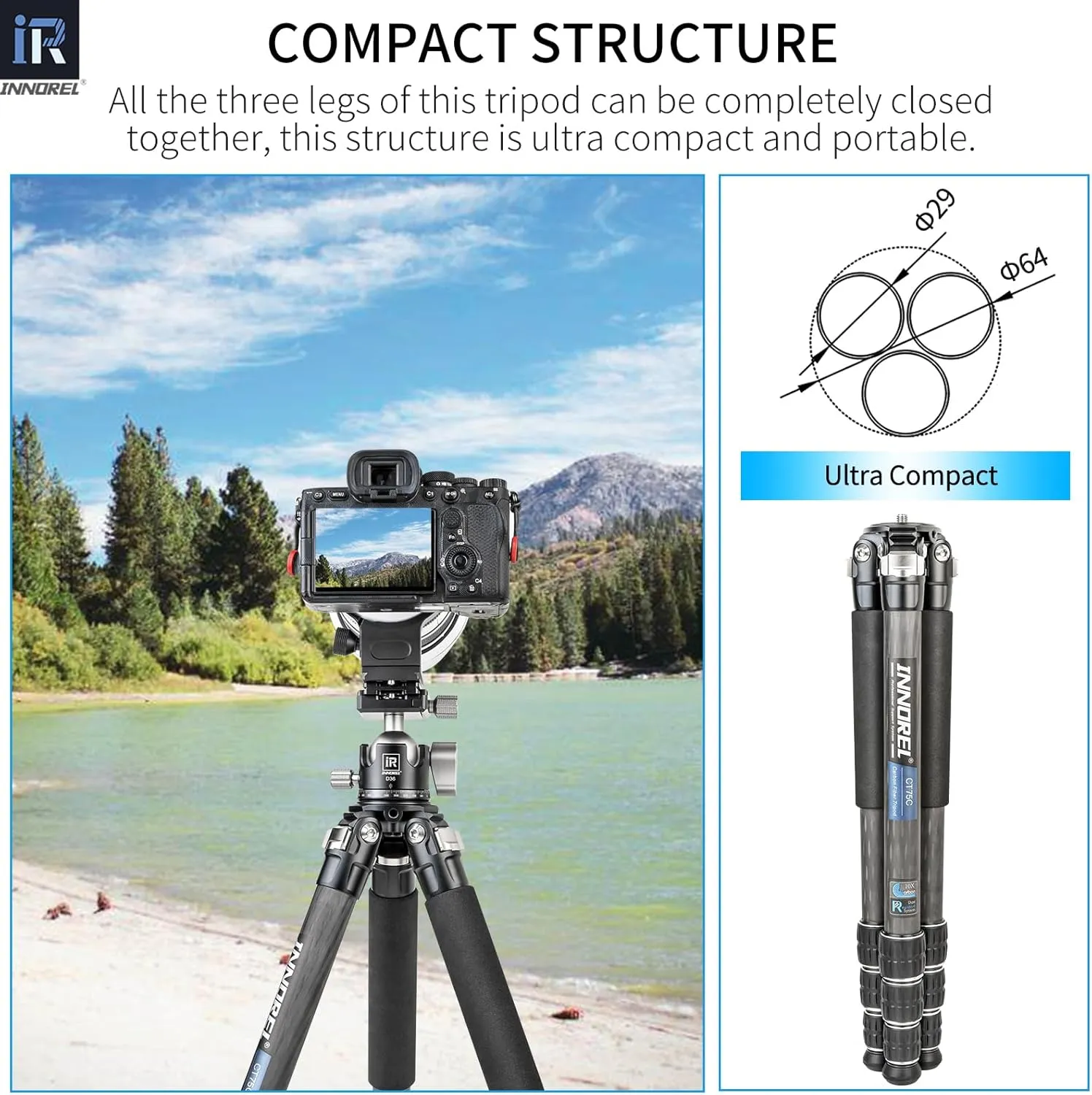 Carbon Fiber Tripod-INNOREL CT75C Professional Compact Portable Travel Tripod Heavy Duty Camera Stand for Digital DSLR Video Camcorder Load 44.1lb/20kg Tube 1.1in/29.0mm with Adjustable Center Column