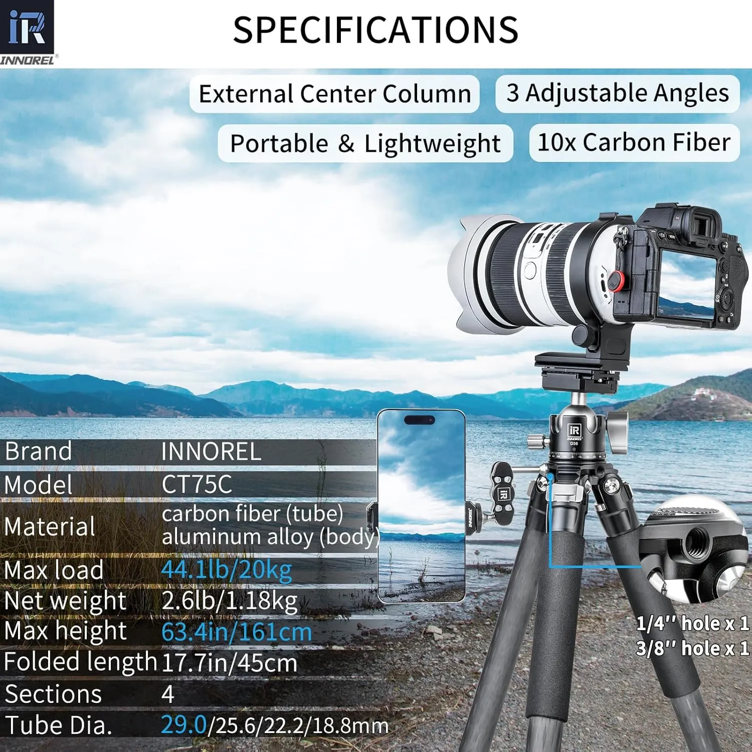Carbon Fiber Tripod-INNOREL CT75C Professional Compact Portable Travel Tripod Heavy Duty Camera Stand for Digital DSLR Video Camcorder Load 44.1lb/20kg Tube 1.1in/29.0mm with Adjustable Center Column