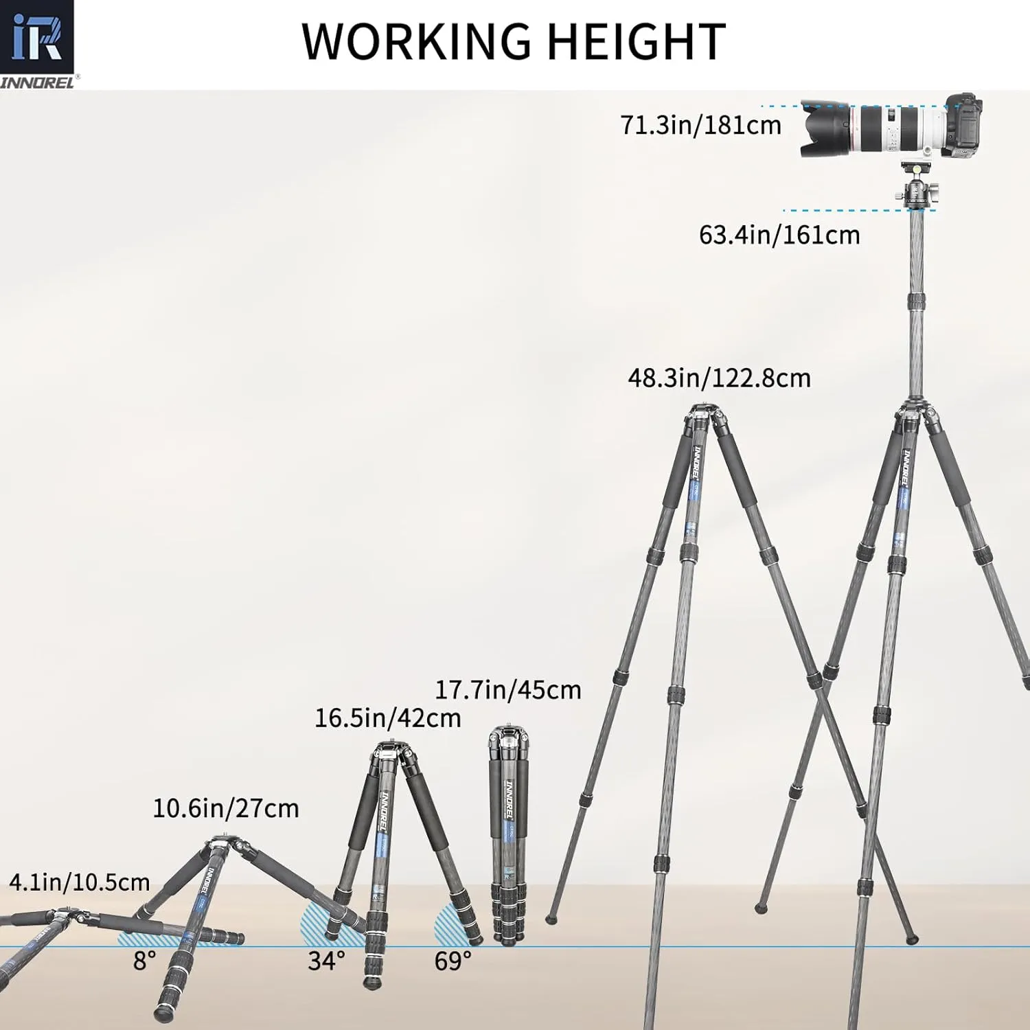 Carbon Fiber Tripod-INNOREL CT75C Professional Compact Portable Travel Tripod Heavy Duty Camera Stand for Digital DSLR Video Camcorder Load 44.1lb/20kg Tube 1.1in/29.0mm with Adjustable Center Column