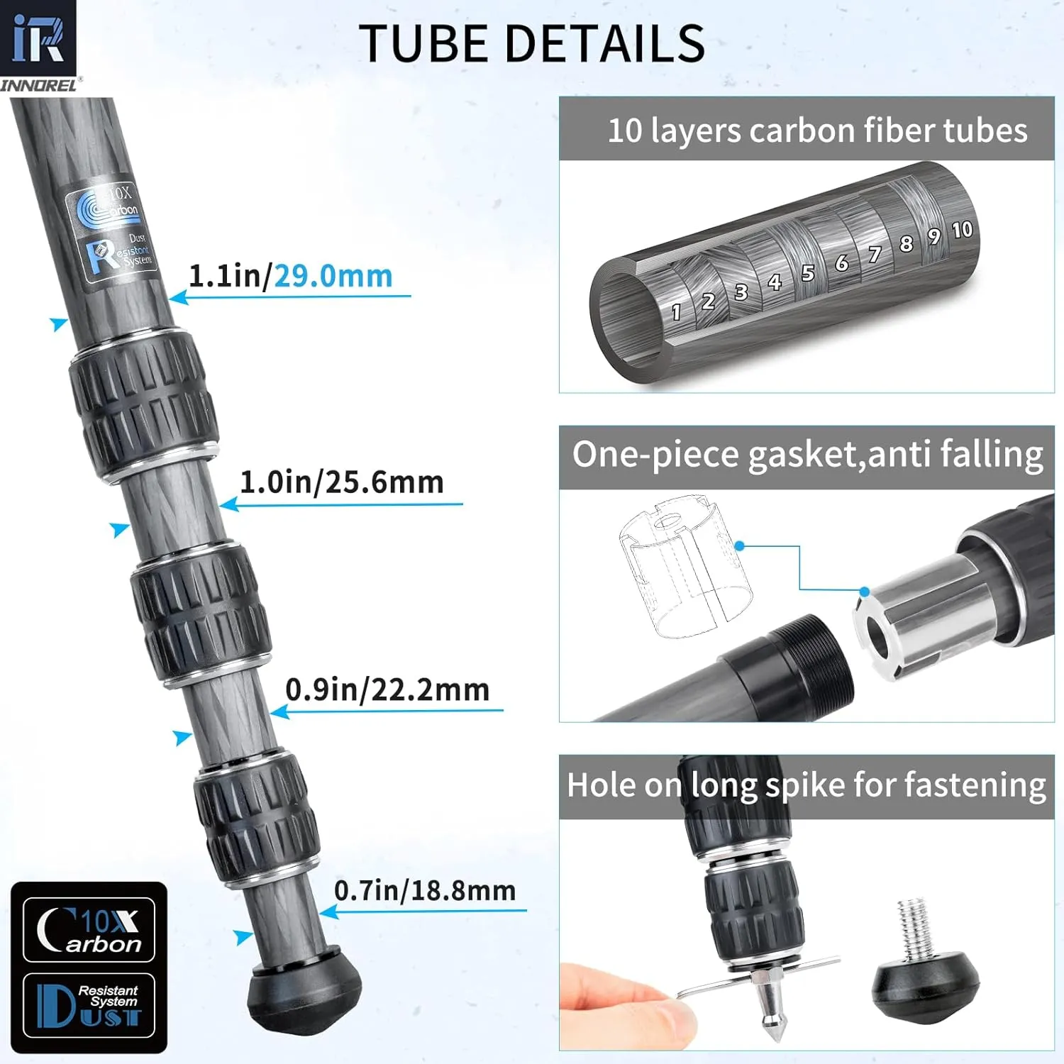 Carbon Fiber Tripod-INNOREL CT75C Professional Compact Portable Travel Tripod Heavy Duty Camera Stand for Digital DSLR Video Camcorder Load 44.1lb/20kg Tube 1.1in/29.0mm with Adjustable Center Column