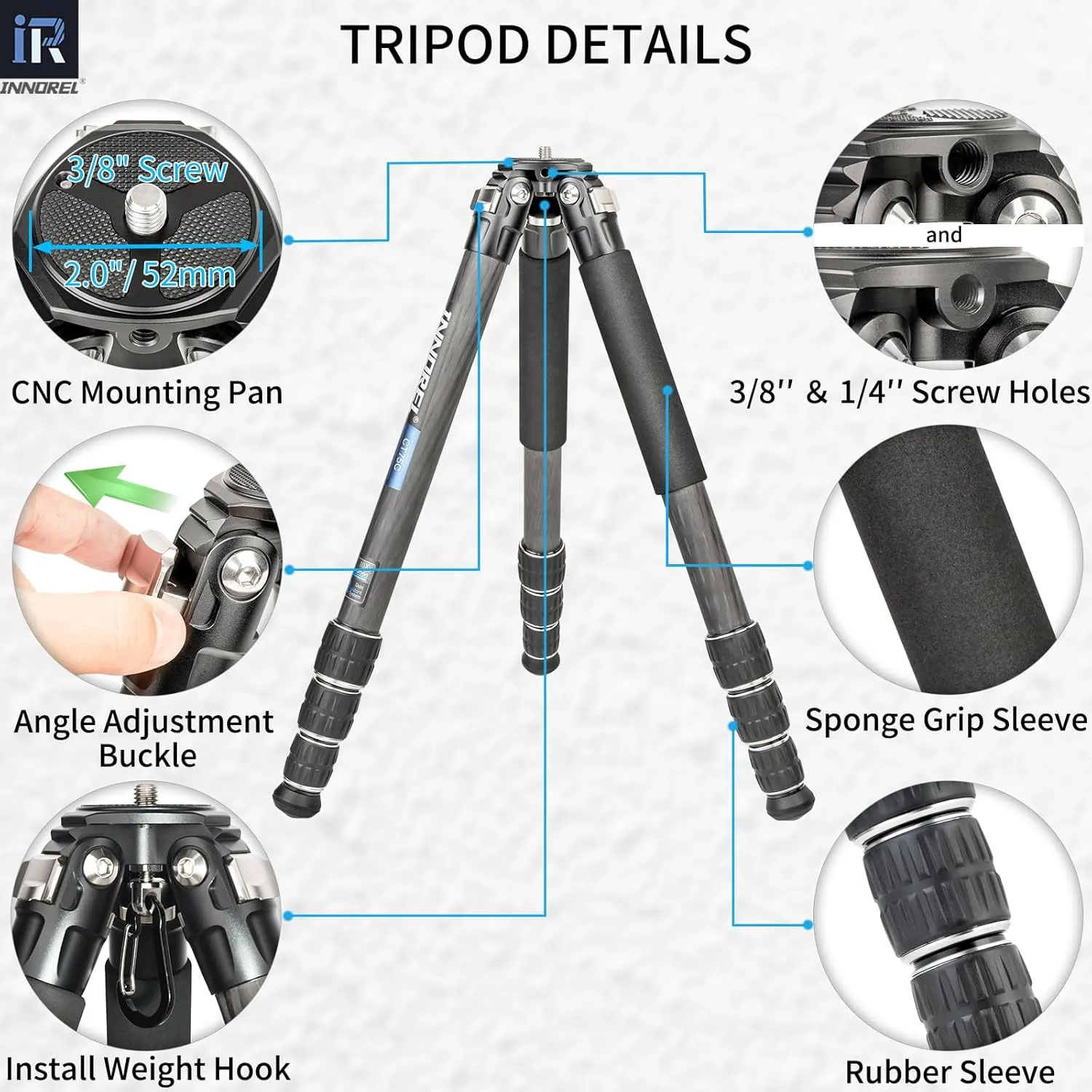 Carbon Fiber Tripod-INNOREL CT75C Professional Compact Portable Travel Tripod Heavy Duty Camera Stand for Digital DSLR Video Camcorder Load 44.1lb/20kg Tube 1.1in/29.0mm with Adjustable Center Column