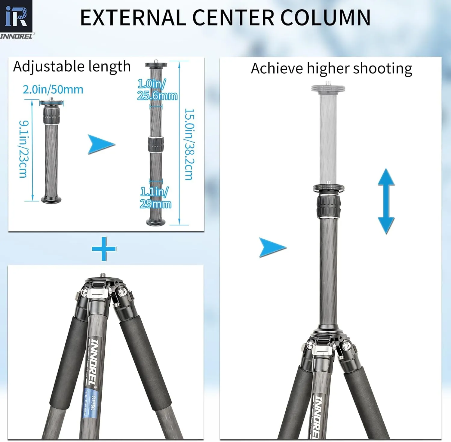 Carbon Fiber Tripod-INNOREL CT75C Professional Compact Portable Travel Tripod Heavy Duty Camera Stand for Digital DSLR Video Camcorder Load 44.1lb/20kg Tube 1.1in/29.0mm with Adjustable Center Column