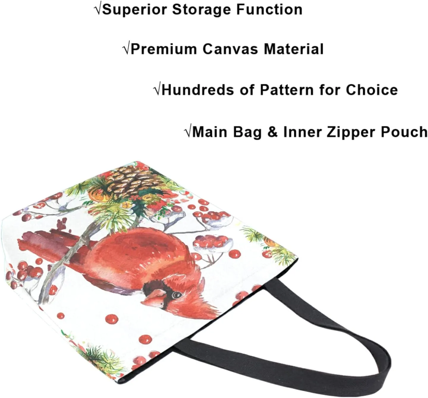 Cardinal Birds on Fir Branch Berry Christmas Extra Large Canvas Shoulder Tote Top Handle Storage Bag for Gym Weekender Beach Travel Reusable Grocery Shopping