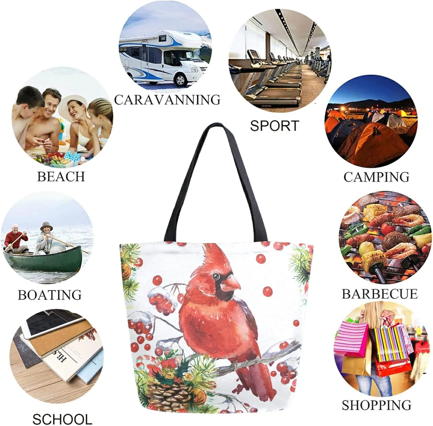 Cardinal Birds on Fir Branch Berry Christmas Extra Large Canvas Shoulder Tote Top Handle Storage Bag for Gym Weekender Beach Travel Reusable Grocery Shopping