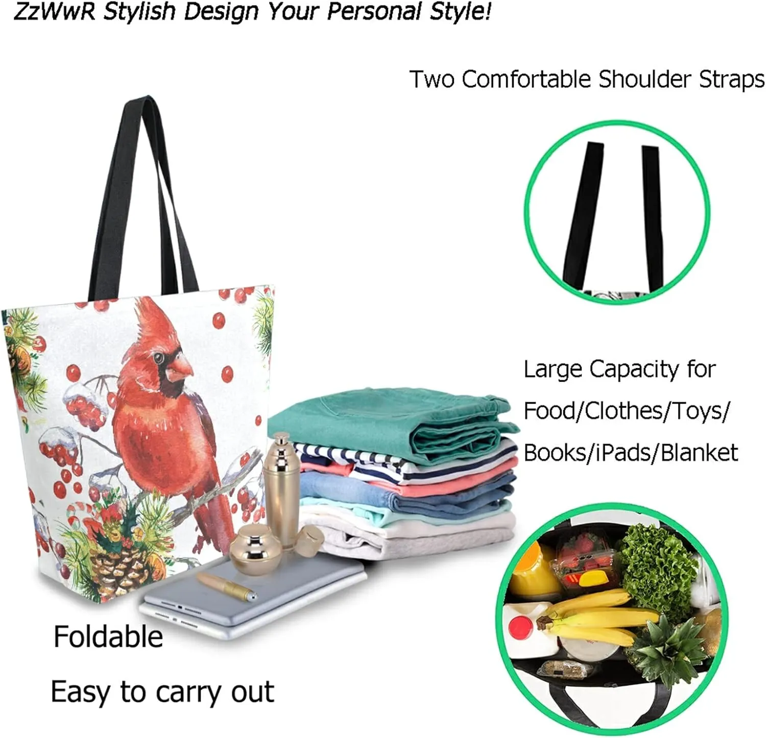 Cardinal Birds on Fir Branch Berry Christmas Extra Large Canvas Shoulder Tote Top Handle Storage Bag for Gym Weekender Beach Travel Reusable Grocery Shopping
