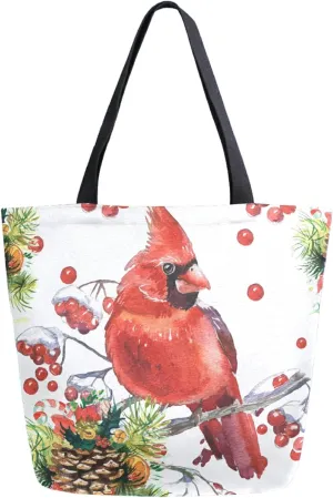 Cardinal Birds on Fir Branch Berry Christmas Extra Large Canvas Shoulder Tote Top Handle Storage Bag for Gym Weekender Beach Travel Reusable Grocery Shopping