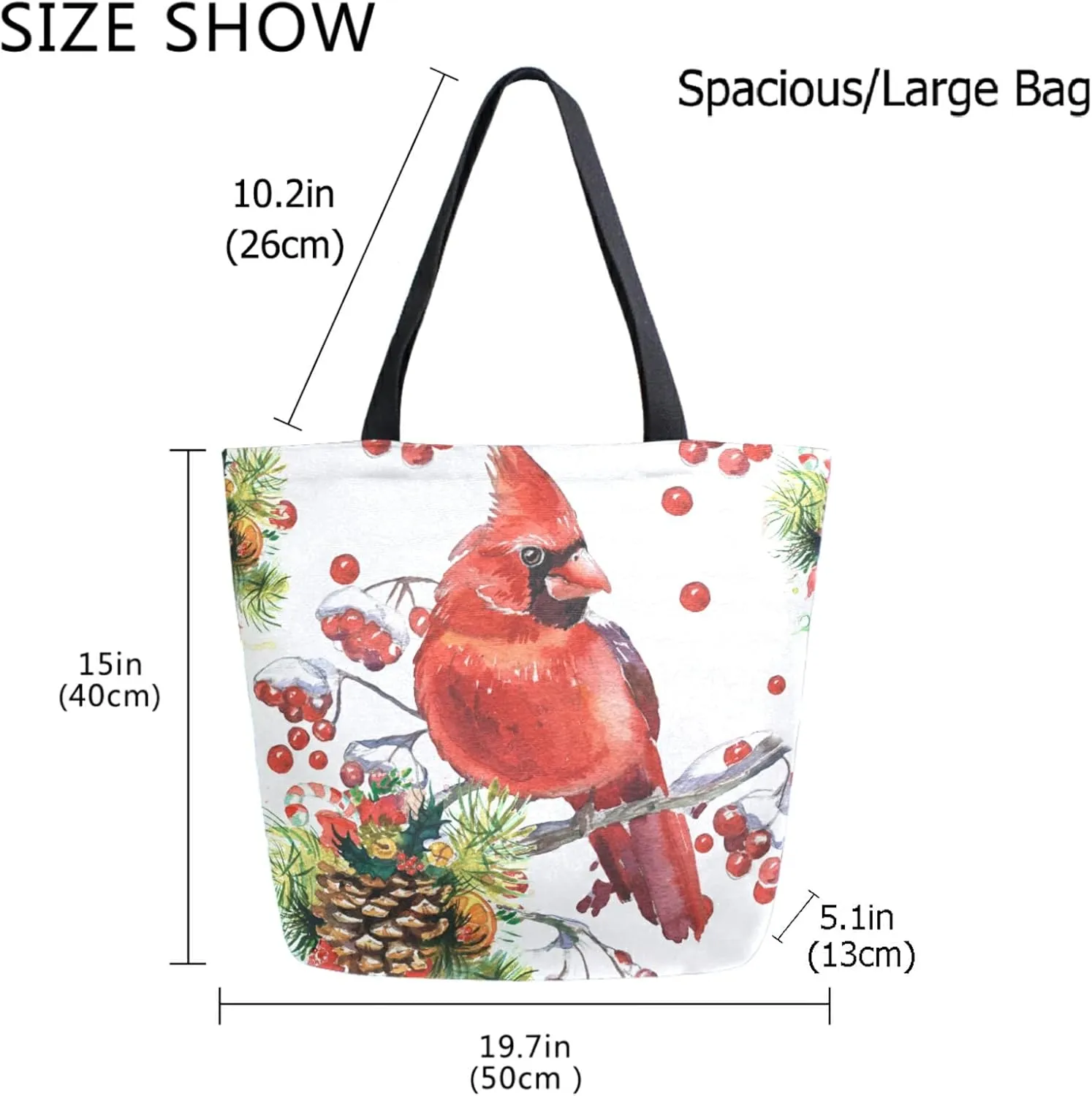 Cardinal Birds on Fir Branch Berry Christmas Extra Large Canvas Shoulder Tote Top Handle Storage Bag for Gym Weekender Beach Travel Reusable Grocery Shopping