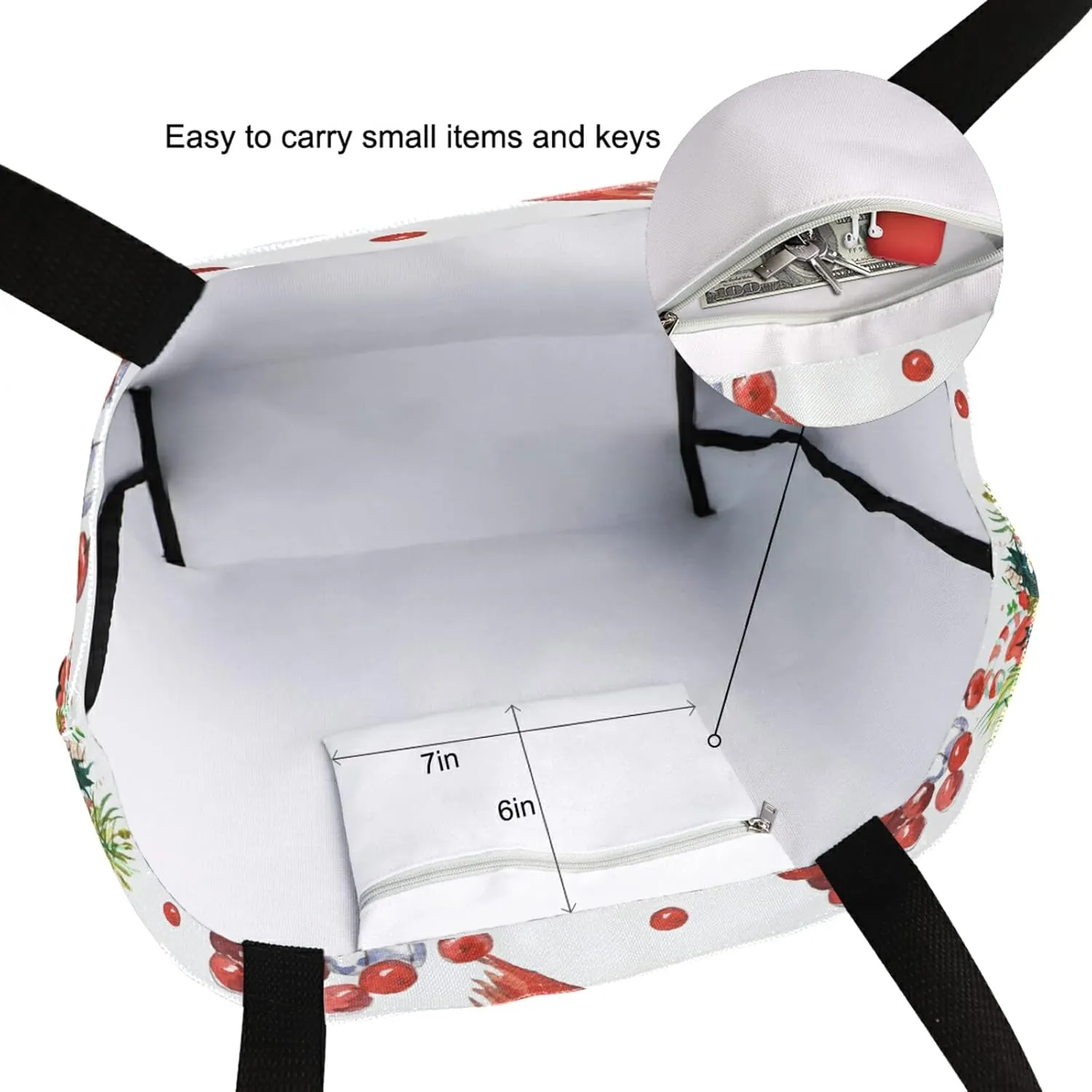 Cardinal Birds on Fir Branch Berry Christmas Extra Large Canvas Shoulder Tote Top Handle Storage Bag for Gym Weekender Beach Travel Reusable Grocery Shopping
