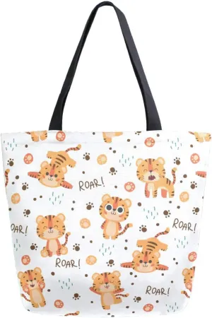 Cartoon Animal Cute Roar Tiger Canvas Tote Bag for Women with Zipper Pocket Reusable Grocery Shopping Bags Large Travel Shoulder Bag Handbag Bags