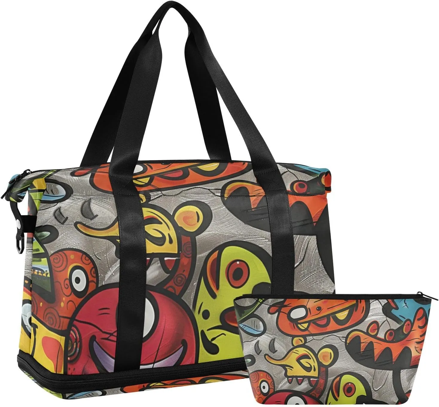 Cartoon Cute Colorful Monster Duffel Bag Overnight Carry On Tote and Luggage with Toiletry Bag for Sports Multifunctional