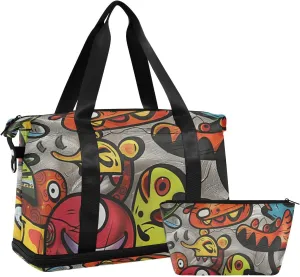 Cartoon Cute Colorful Monster Duffel Bag Overnight Carry On Tote and Luggage with Toiletry Bag for Sports Multifunctional