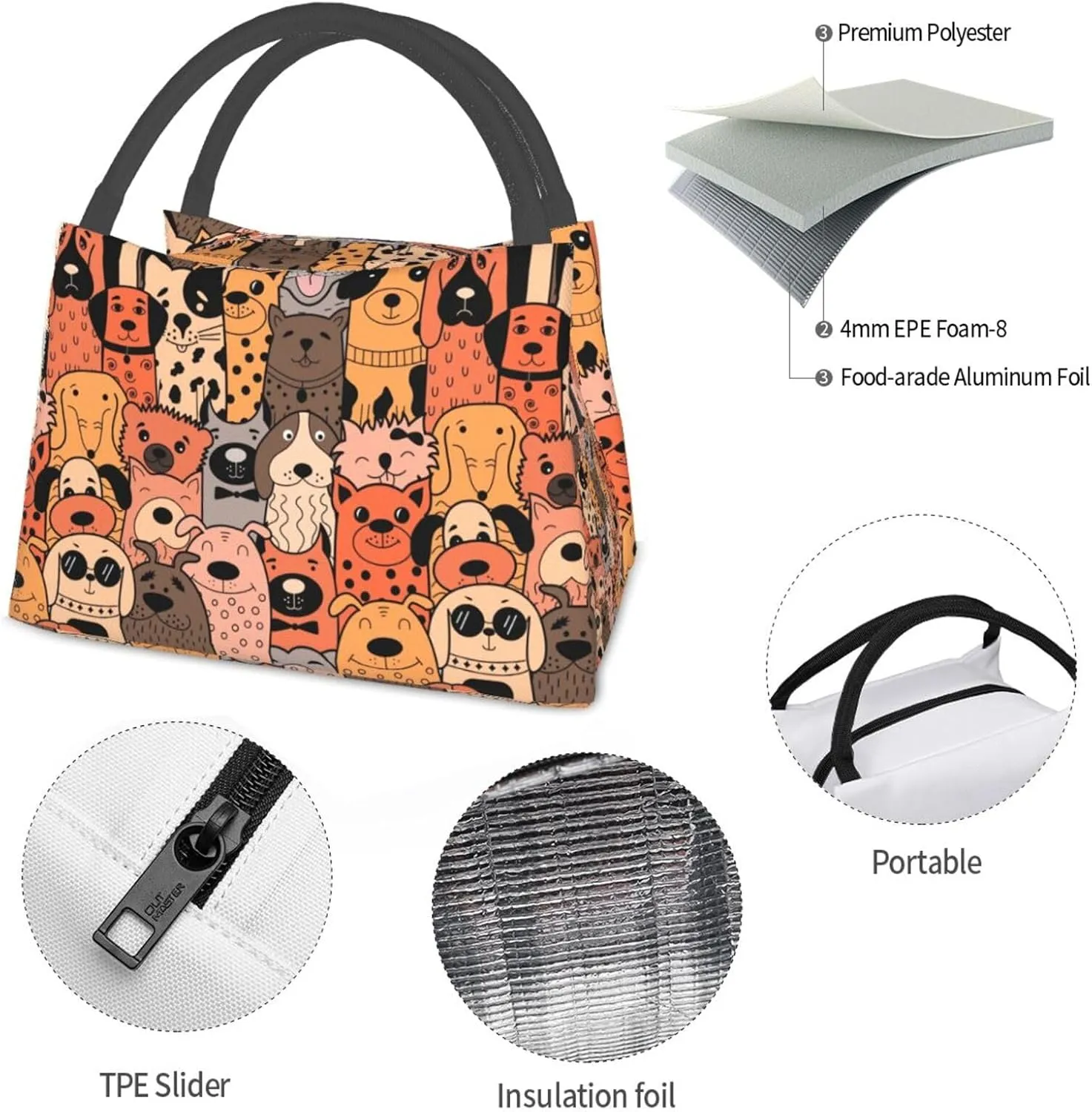 Cartoon Dogs Topics Lunch Bag for Women Men Adult Portable Insulated Lunch Box Tote Bag Reusable Travel Work Leakproof Thermal Cooler Lunch Snack Bags for Outdoor Office Picnic Camping